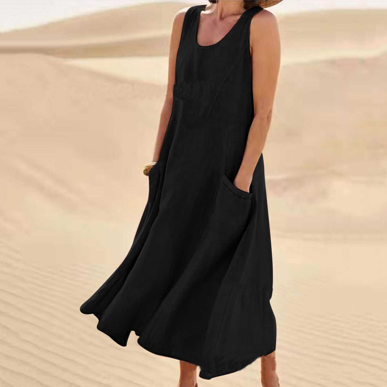 Women's Sleeveless Summer White Plain Split Joint Crew Neck Daily Going Out Casual Maxi A-Line Fit & Flare Dress Dress