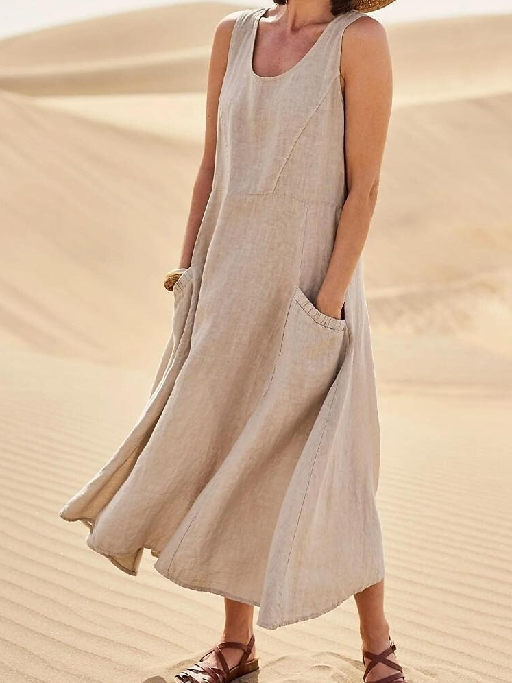 Women's Sleeveless Summer White Plain Split Joint Crew Neck Daily Going Out Casual Maxi A-Line Fit & Flare Dress Dress