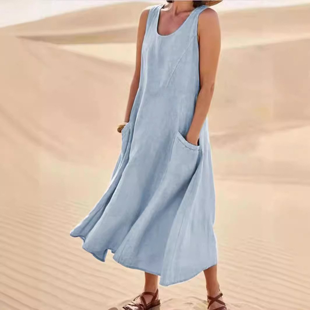 Women's Sleeveless Summer White Plain Split Joint Crew Neck Daily Going Out Casual Maxi A-Line Fit & Flare Dress Dress