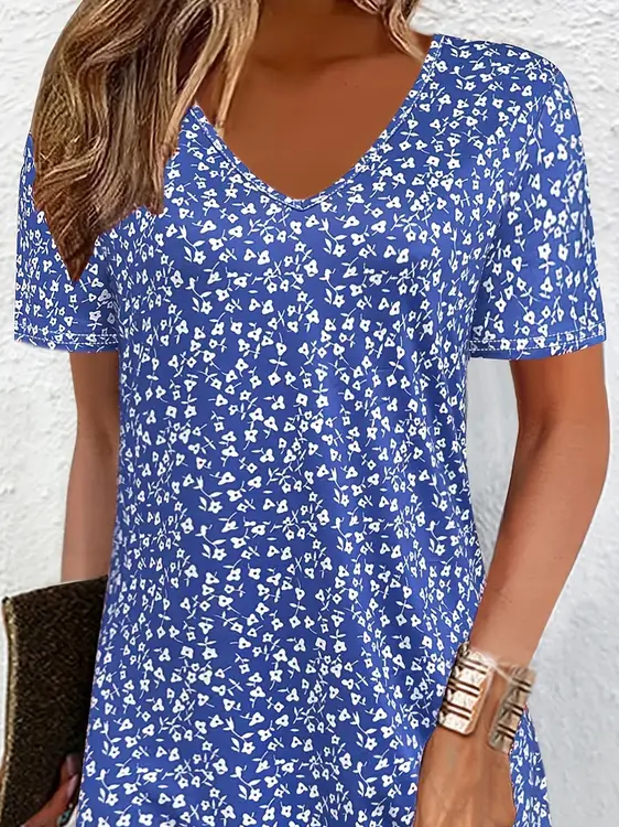 Women's Floral Print V-Neck Short Sleeve Dress