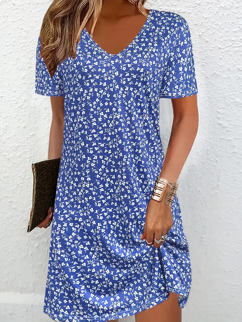 Women's Floral Print V-Neck Short Sleeve Dress
