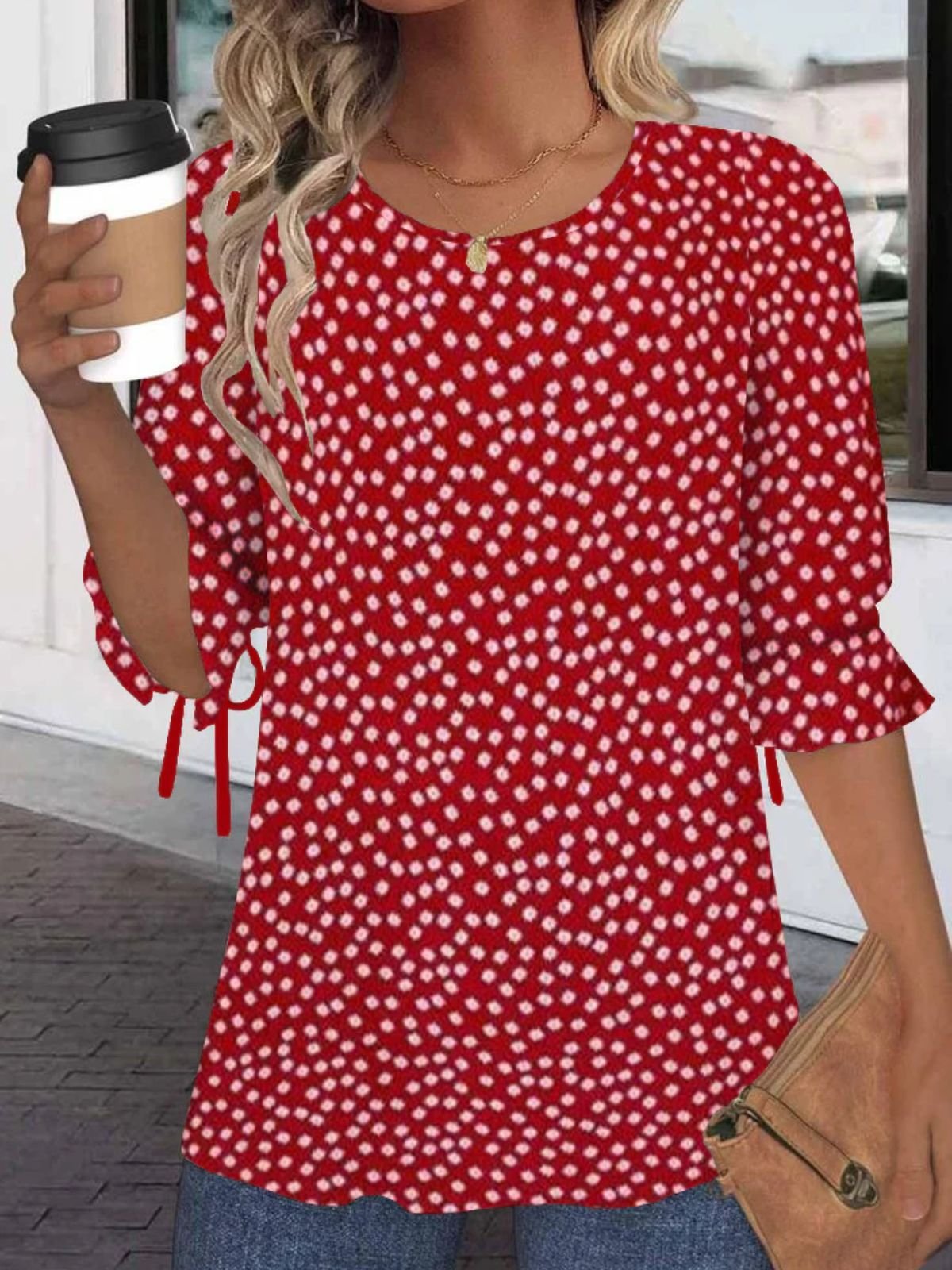 Crew Neck Cotton Simple Regular Fit Balloon Sleeve Blouse