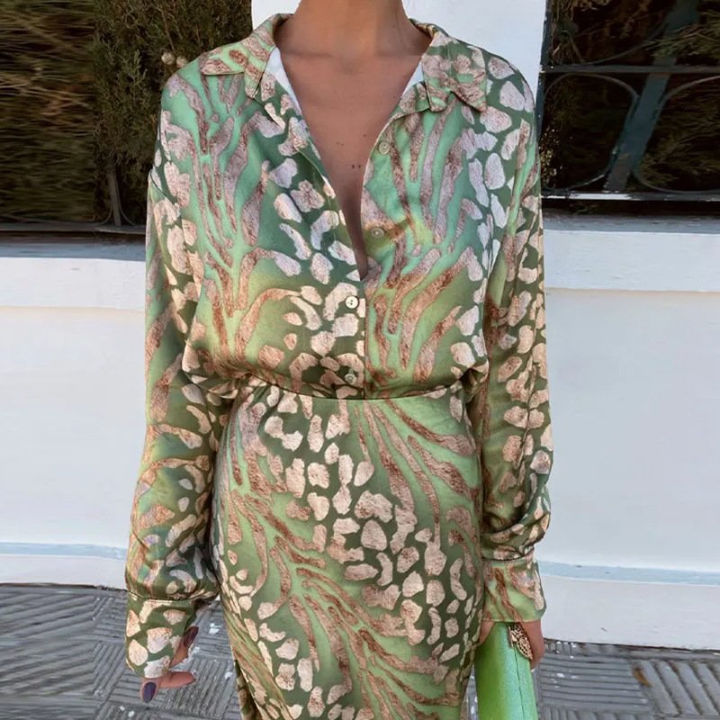 Women's Printing Floral Daily Going Out Two-Piece Set Green Casual Spring/Fall Top With Skirt Matching Set