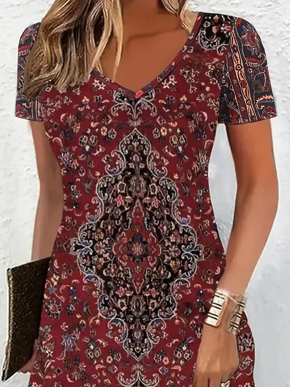 Women's Floral Print Casual V-Neck Short Sleeve Dress