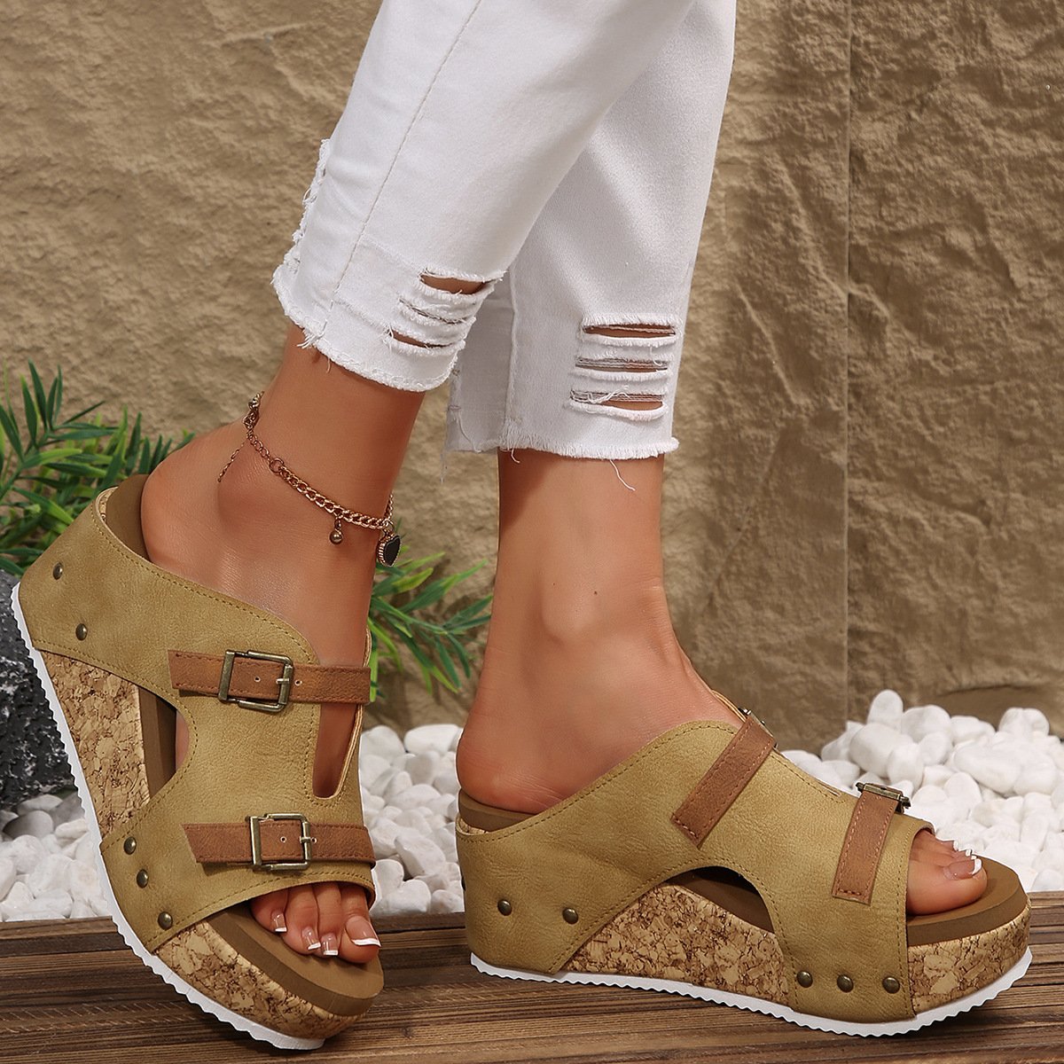 Pu Summer Western Style Color Block Slide Sandals