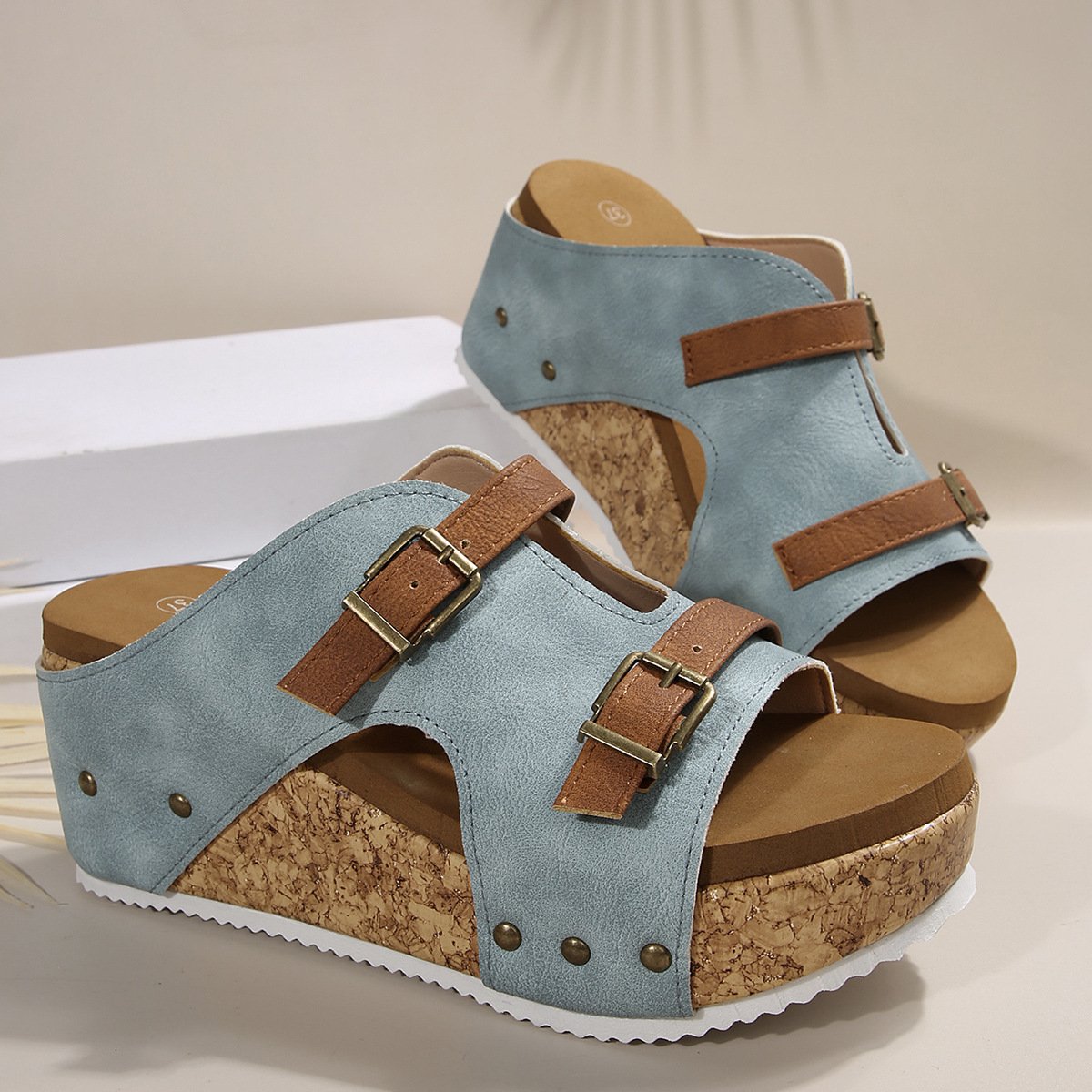 Pu Summer Western Style Color Block Slide Sandals