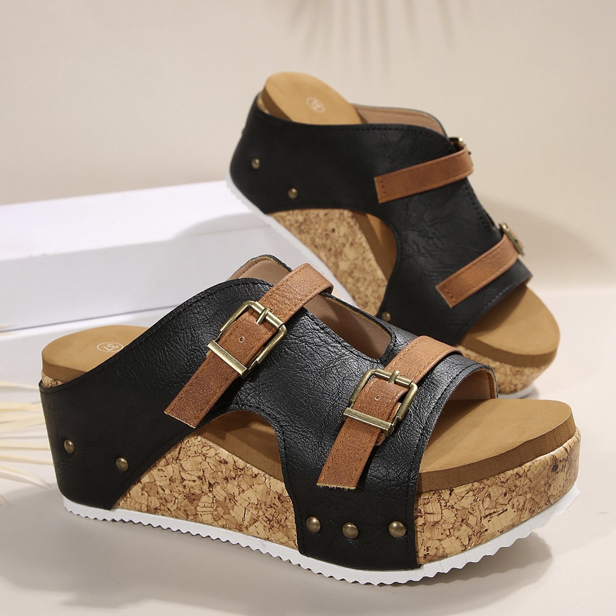 Pu Summer Western Style Color Block Slide Sandals