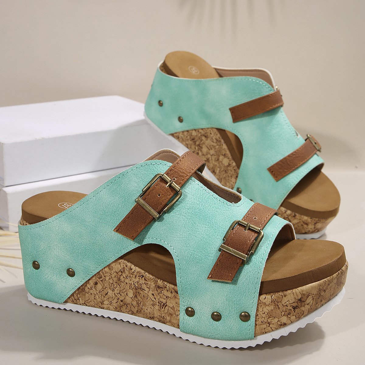 Pu Summer Western Style Color Block Slide Sandals