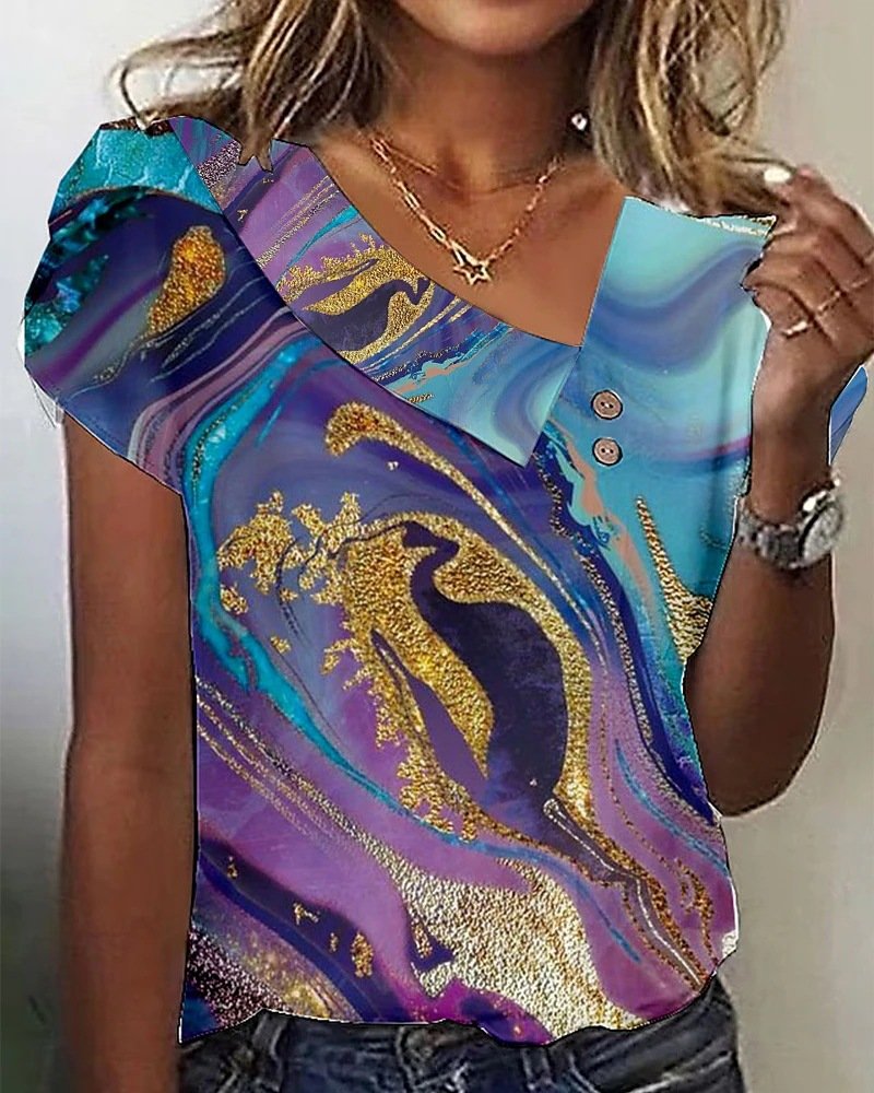 Women's Short Sleeve T-shirt Summer Green Plain Buckle Asymmetrical Daily Going Out Casual Top