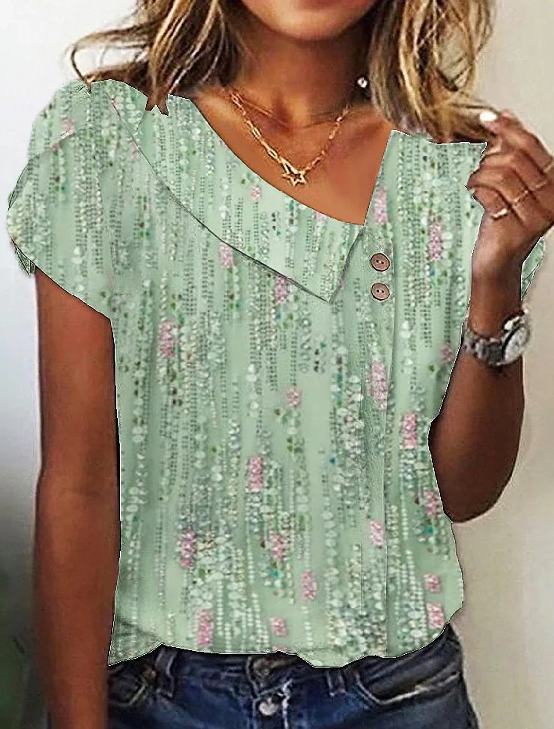 Women's Short Sleeve T-shirt Summer Green Plain Buckle Asymmetrical Daily Going Out Casual Top