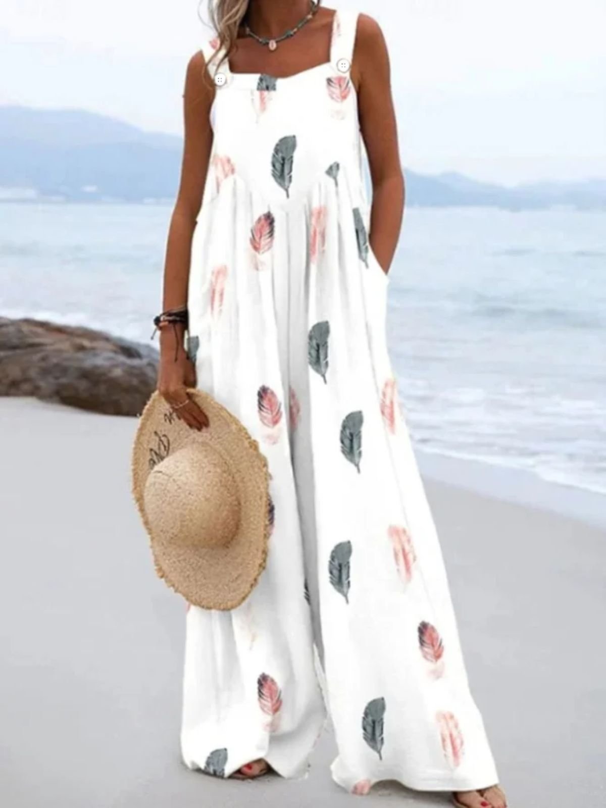 Vacation Feather Pattern Jumpsuit