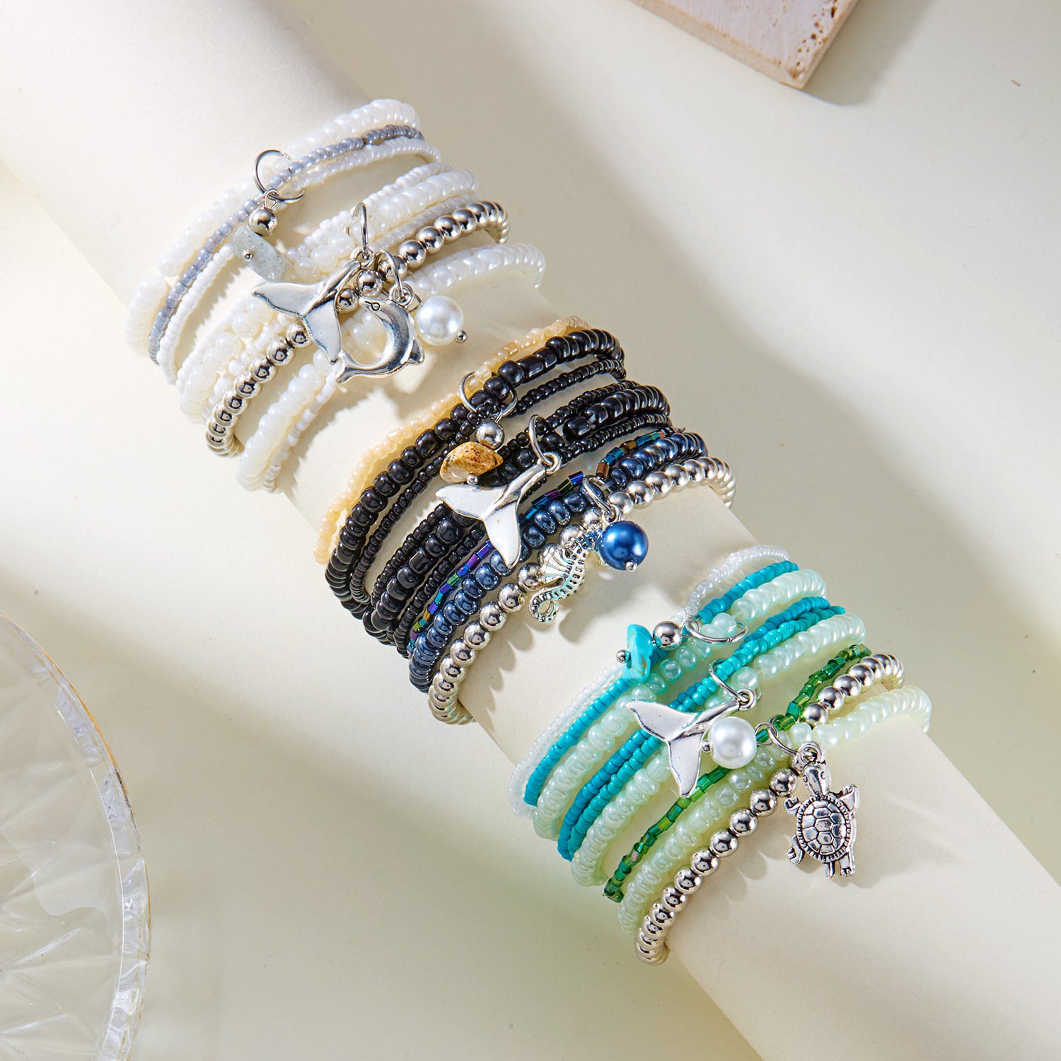 Ins Style Bohemian Beach Vacation Summer Shell Turtle Fishtail Rice Beads Multi-layer Stacking Bracelet Set