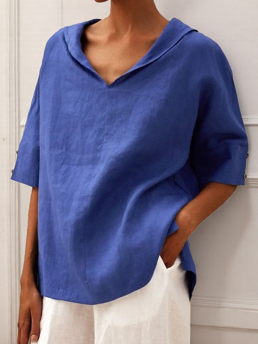 Women's Half Sleeve Blouse Summer White Plain Linen V Neck Daily Going Out Casual Top
