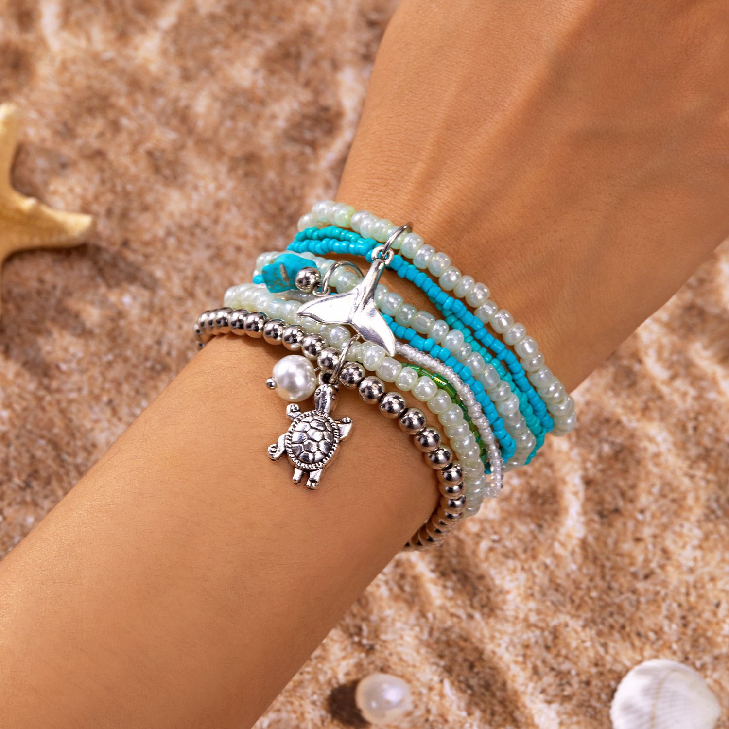Ins Style Bohemian Beach Vacation Summer Shell Turtle Fishtail Rice Beads Multi-layer Stacking Bracelet Set