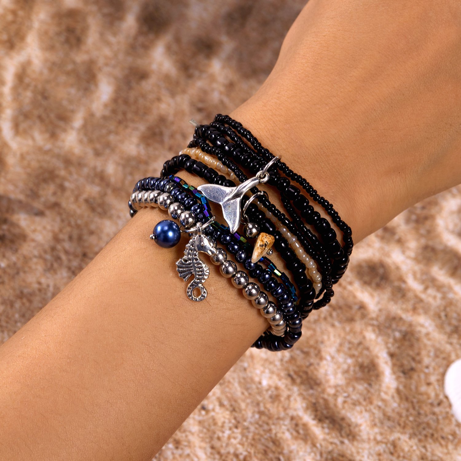 Ins Style Bohemian Beach Vacation Summer Shell Turtle Fishtail Rice Beads Multi-layer Stacking Bracelet Set