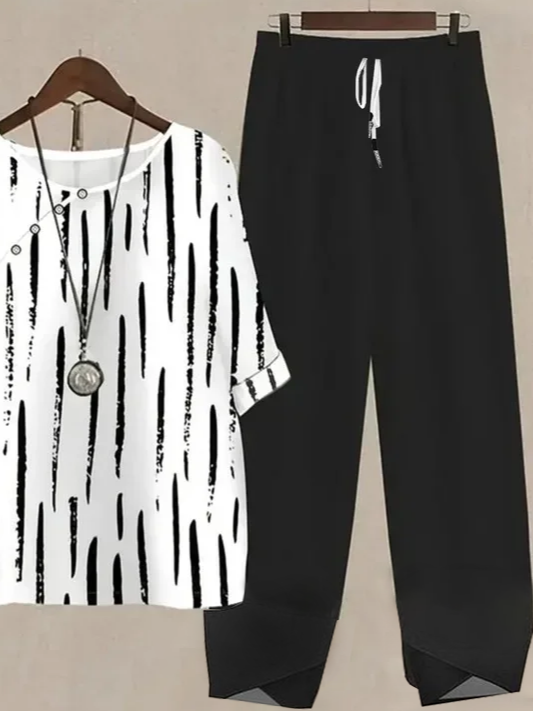 Women's Printing Striped Daily Going Out Two-Piece Set Black-white Casual Summer Top With Pants Matching Set
