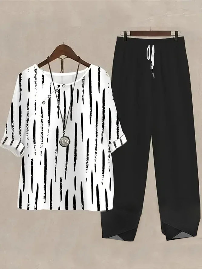 Women's Printing Striped Daily Going Out Two-Piece Set Black-white Casual Summer Top With Pants Matching Set