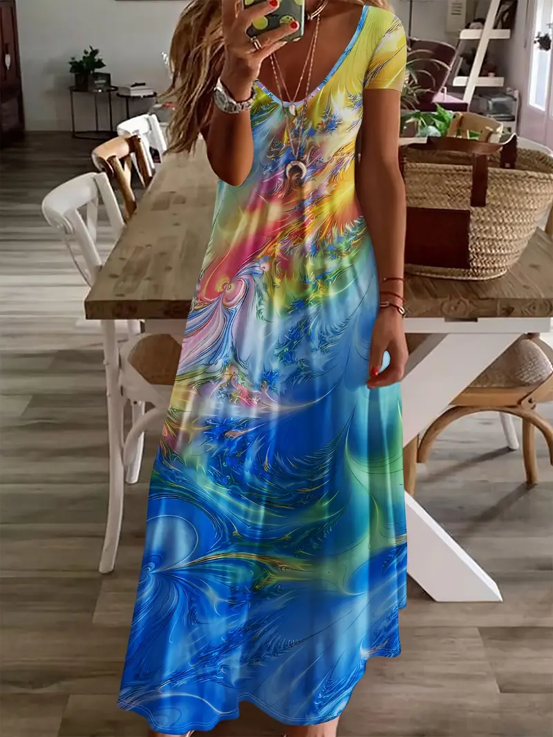 Women's Abstract Print V-Neck Short Sleeve Casual Dress