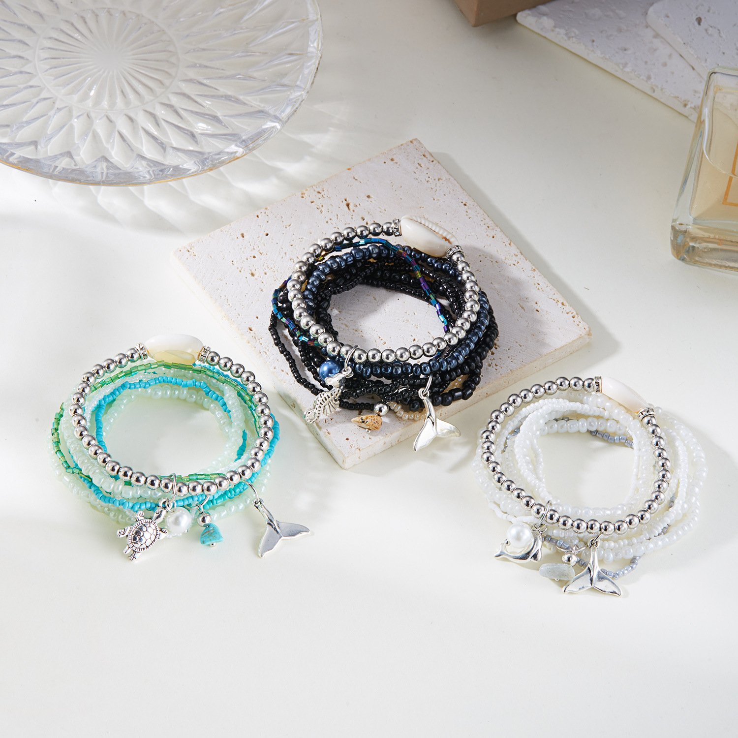 Ins Style Bohemian Beach Vacation Summer Shell Turtle Fishtail Rice Beads Multi-layer Stacking Bracelet Set