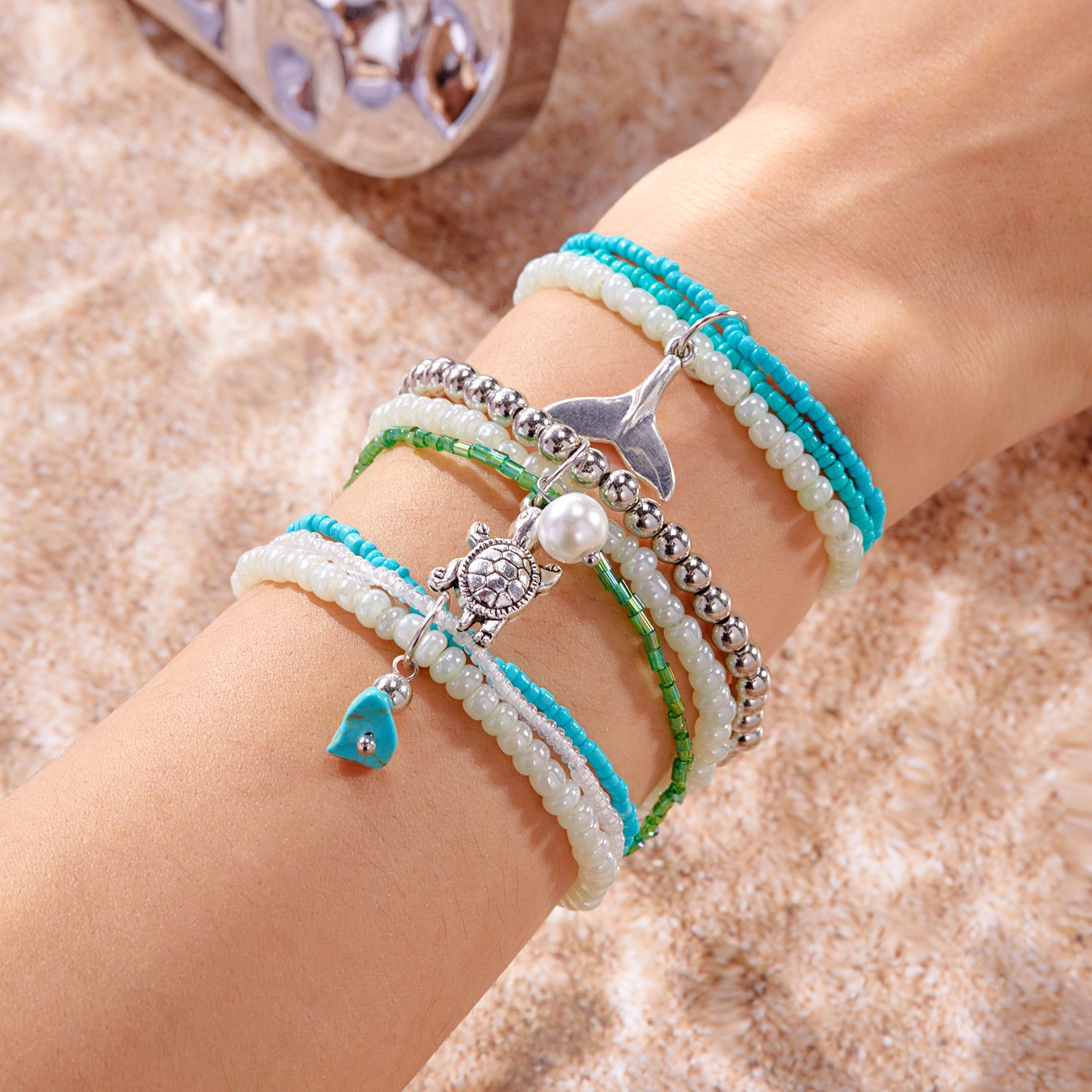 Ins Style Bohemian Beach Vacation Summer Shell Turtle Fishtail Rice Beads Multi-layer Stacking Bracelet Set
