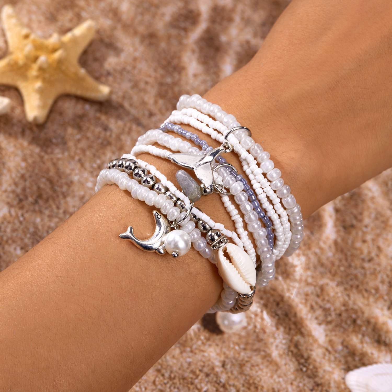 Ins Style Bohemian Beach Vacation Summer Shell Turtle Fishtail Rice Beads Multi-layer Stacking Bracelet Set