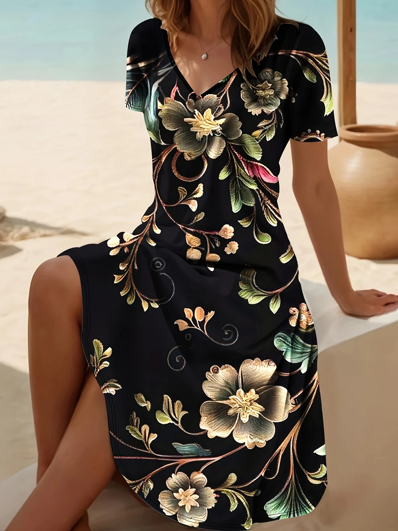 Women's Floral Print Casual V-Neck Short Sleeve Dress