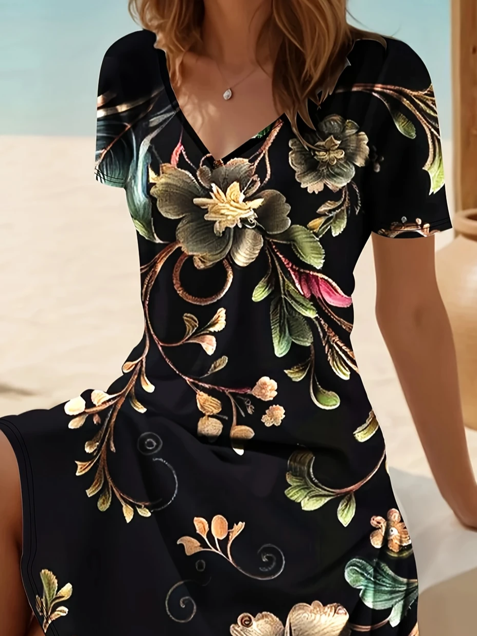 Women's Floral Print Casual V-Neck Short Sleeve Dress
