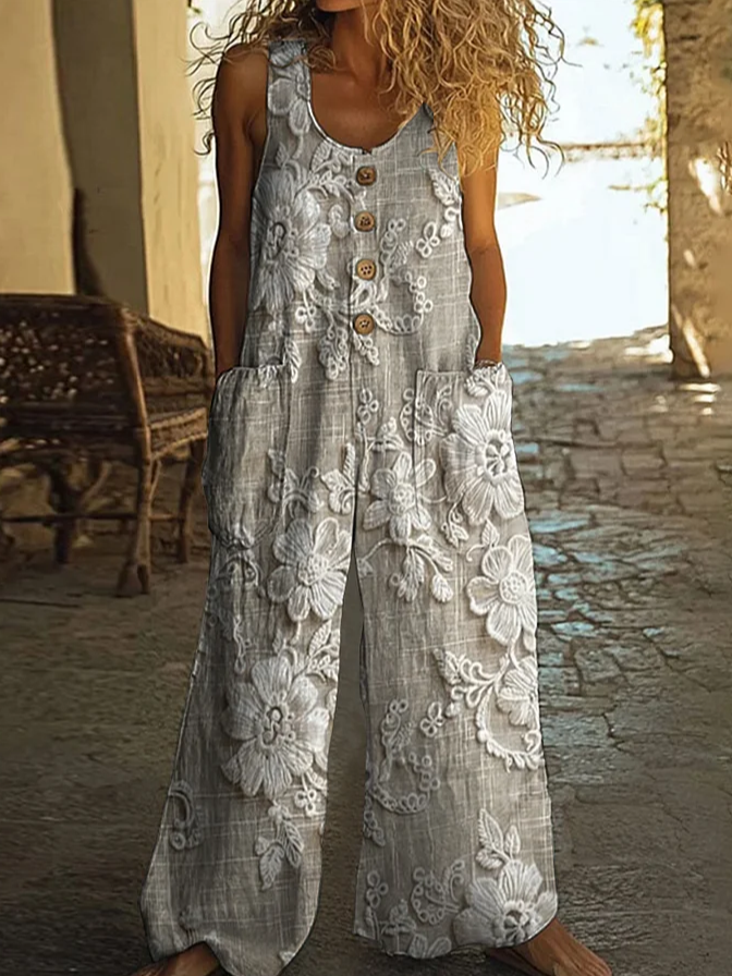 Women's H-Line Overall Crew Neck Daily Going Out Casual Printing Floral Summer Long Jumpsuit Romper