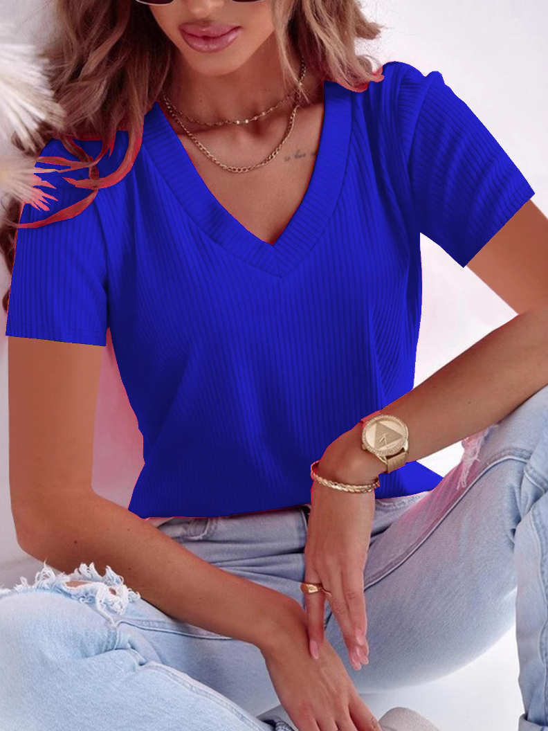 Women's Short Sleeve T-shirt Summer Black Plain V Neck Daily Going Out Casual Top