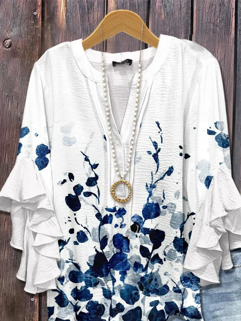 Women's Half Sleeve Shirt Summer White Floral Printing V Neck Daily Going Out Casual Top