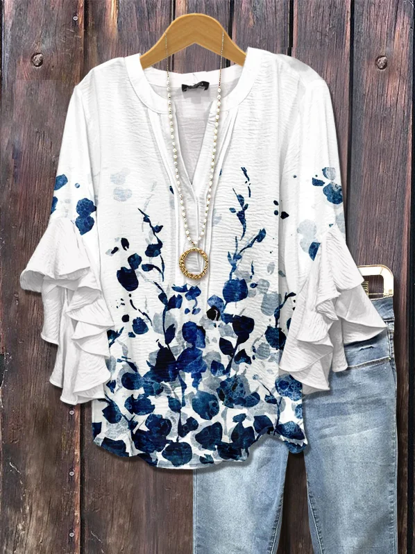 Women's Half Sleeve Shirt Summer White Floral Printing V Neck Daily Going Out Casual Top