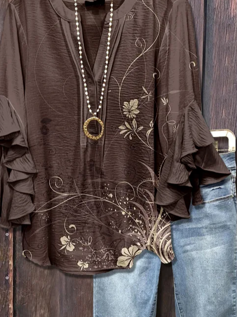 Women's Half Sleeve Shirt Summer Brown Floral Printing V Neck Daily Going Out Casual Top