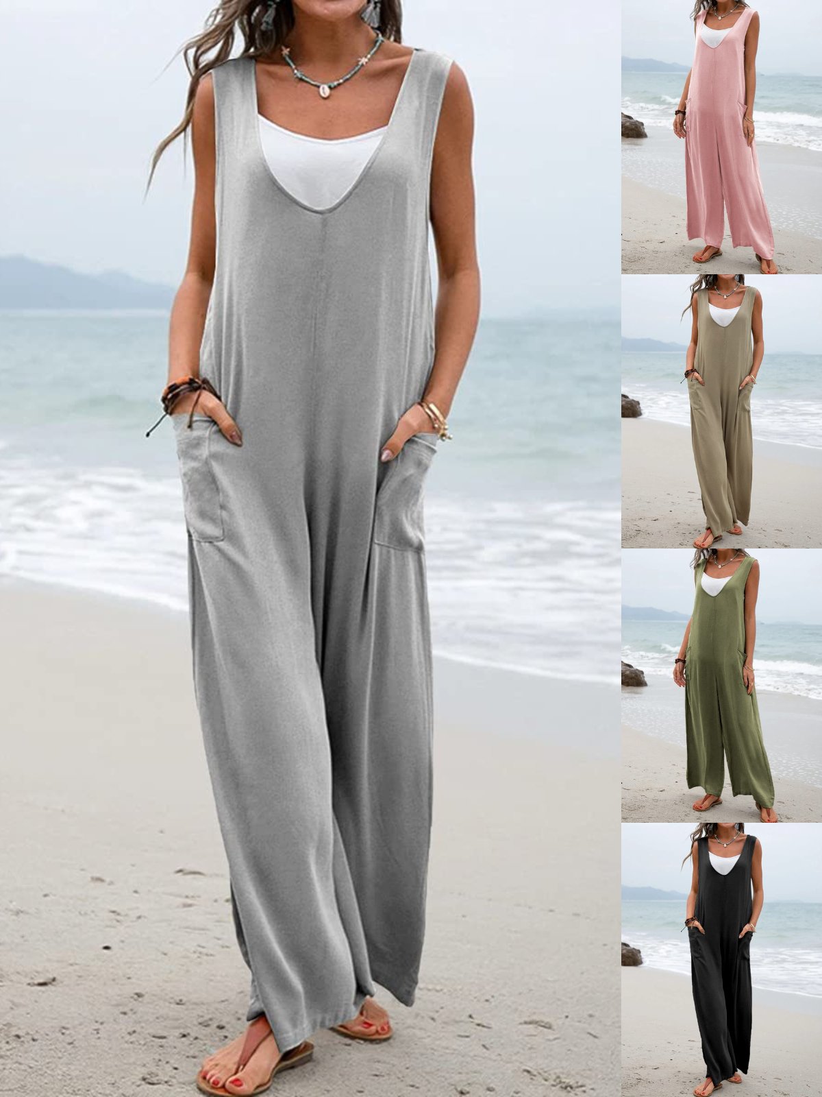 Women's H-Line Tank Crew Neck Daily Going Out Casual Split Joint Plain Summer Long Jumpsuit Romper