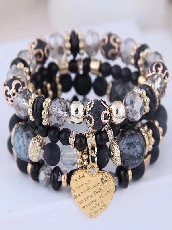 Best-selling Bohemian Alloy Love Pendant Multi-layer Elastic Rope Beaded Bracelet