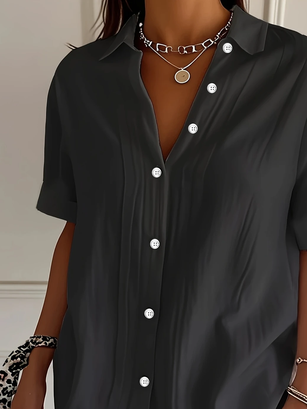 Women's Short Sleeve Shirt Summer Black Plain Printing Shirt Collar Daily Going Out Casual Top