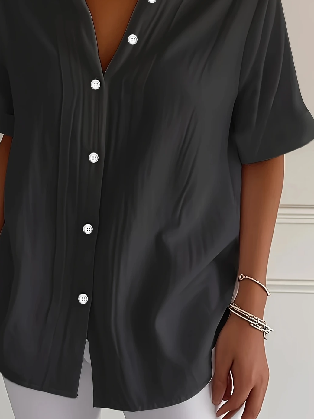 Women's Short Sleeve Shirt Summer Black Plain Printing Shirt Collar Daily Going Out Casual Top