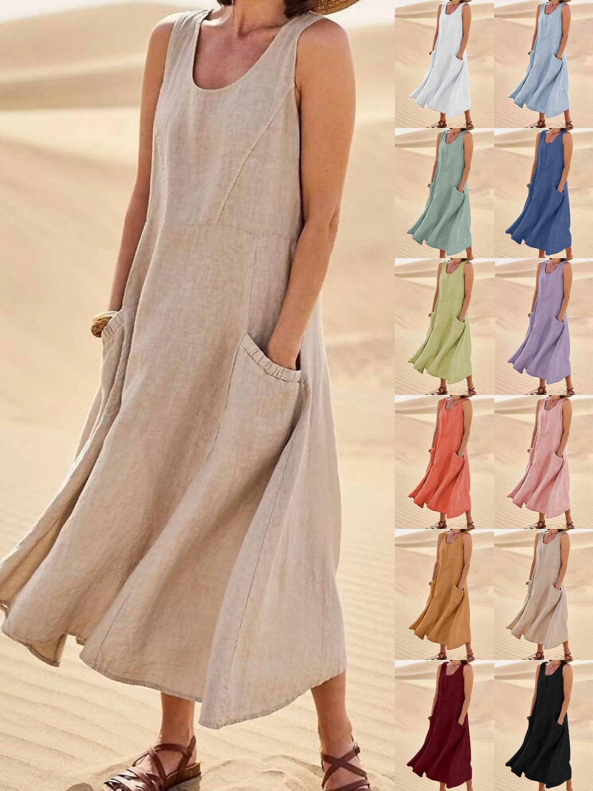 Women's Sleeveless Summer White Plain Split Joint Crew Neck Daily Going Out Casual Maxi A-Line Fit & Flare Dress Dress