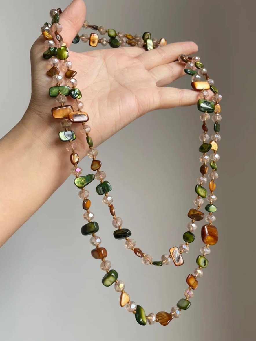 Vintage stackable necklace Bohemian colorful shell beaded double-layer necklace Retro light luxury holiday long necklace