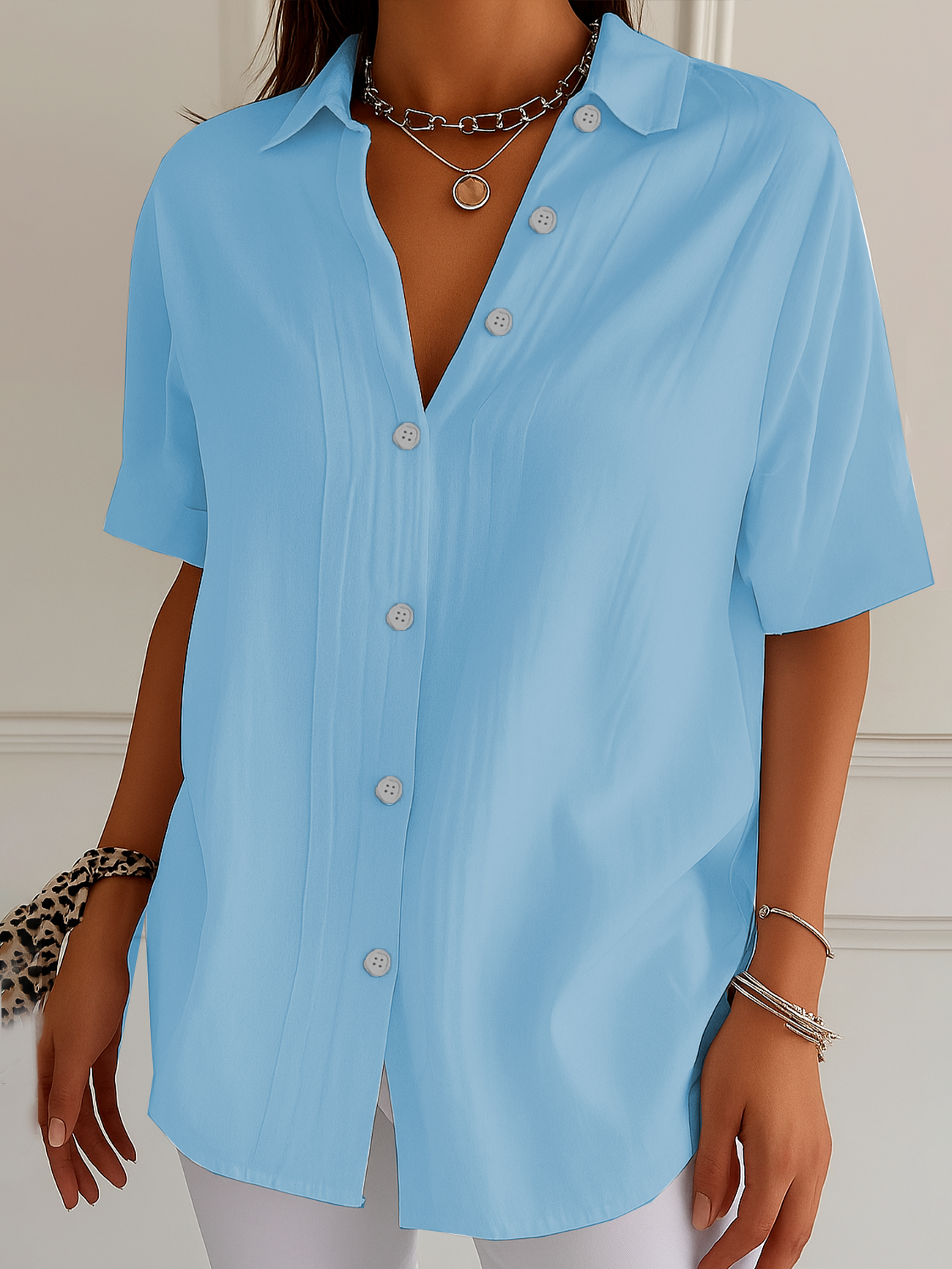 Women's Short Sleeve Shirt Summer Black Plain Printing Shirt Collar Daily Going Out Casual Top