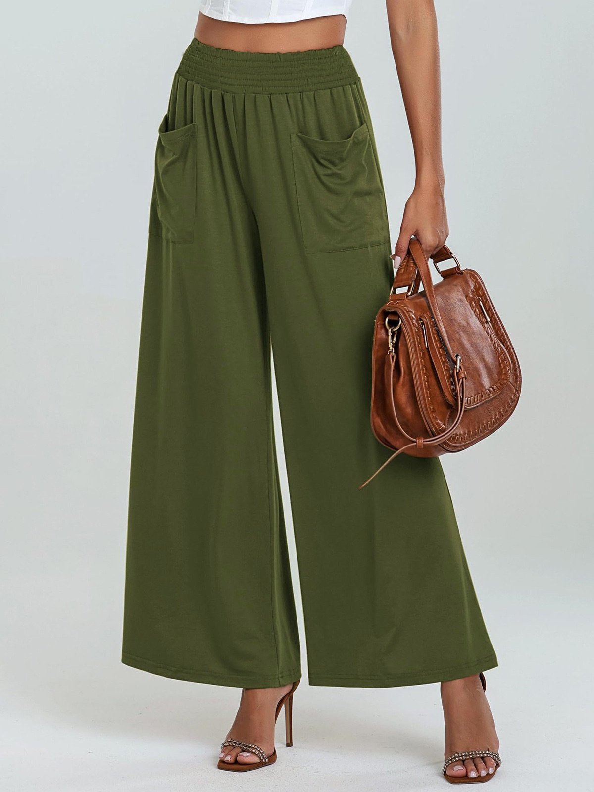 Women's  Elastic Waist H-Line Wide Leg Pants Daily Going Out Pants Green Casual Split Joint Plain Spring/Fall Pants