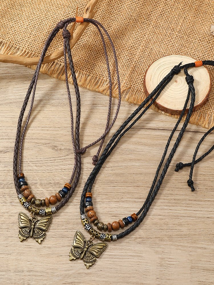 Artistic Retro Butterfly Alloy Multi-layer Wooden Beads Knotted Pullable Hand-woven Necklace