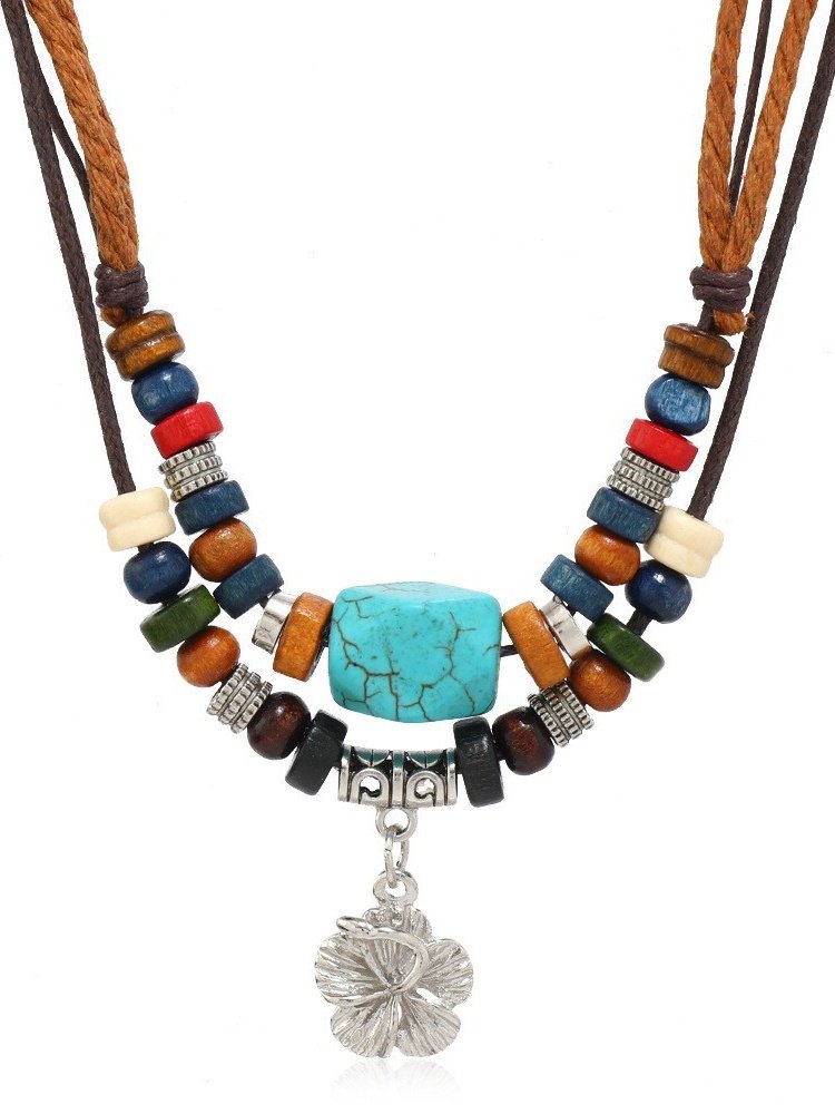 Artistic Retro Butterfly Alloy Multi-layer Wooden Beads Knotted Pullable Hand-woven Necklace