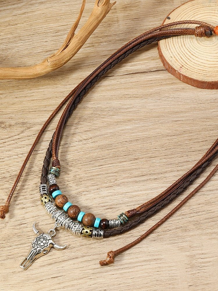 Artistic Retro Butterfly Alloy Multi-layer Wooden Beads Knotted Pullable Hand-woven Necklace