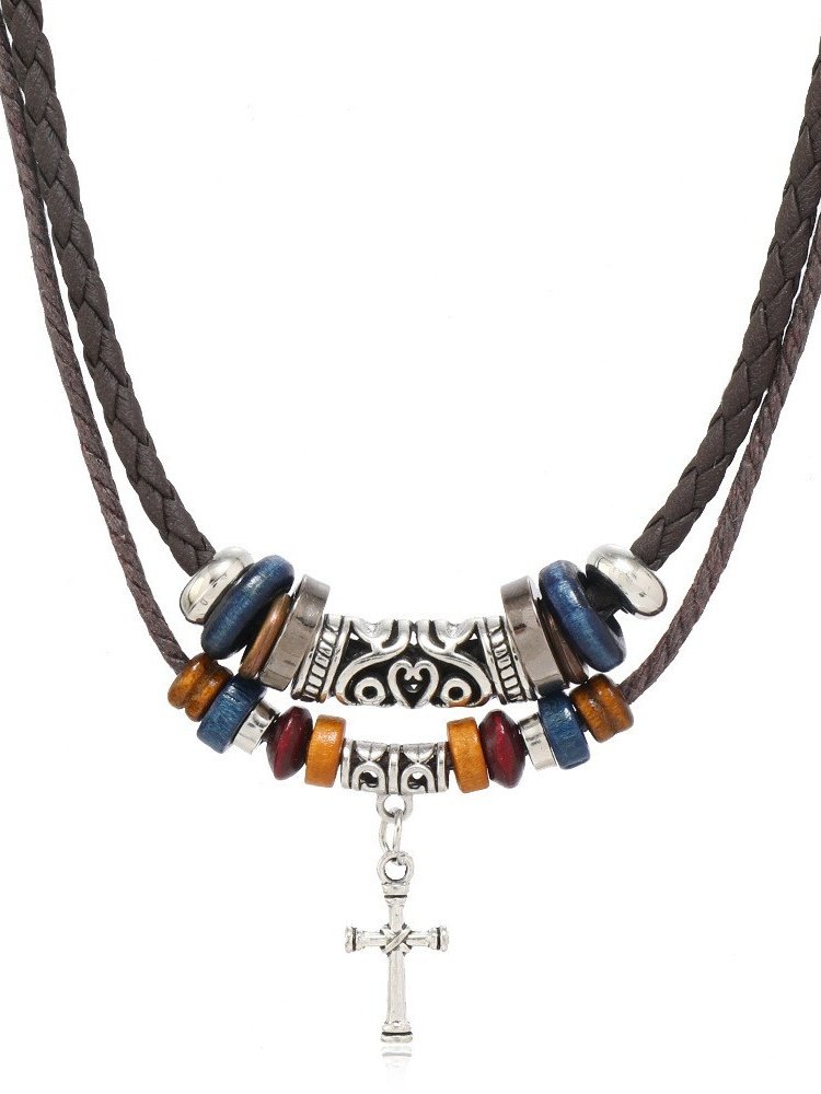 Artistic Retro Butterfly Alloy Multi-layer Wooden Beads Knotted Pullable Hand-woven Necklace