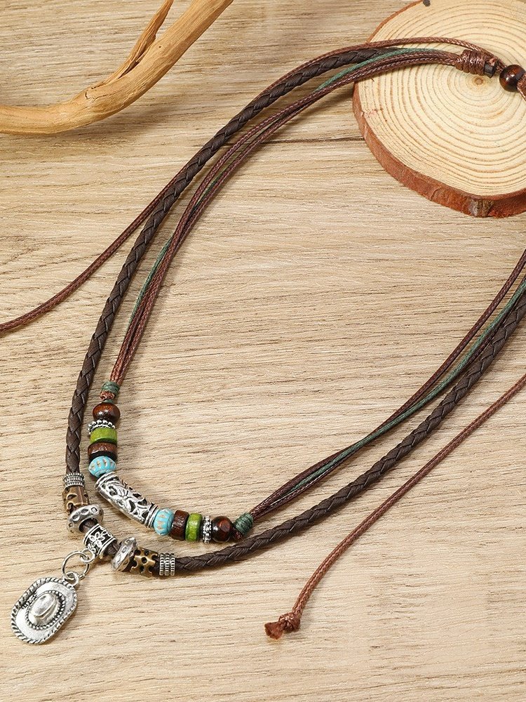 Artistic Retro Butterfly Alloy Multi-layer Wooden Beads Knotted Pullable Hand-woven Necklace