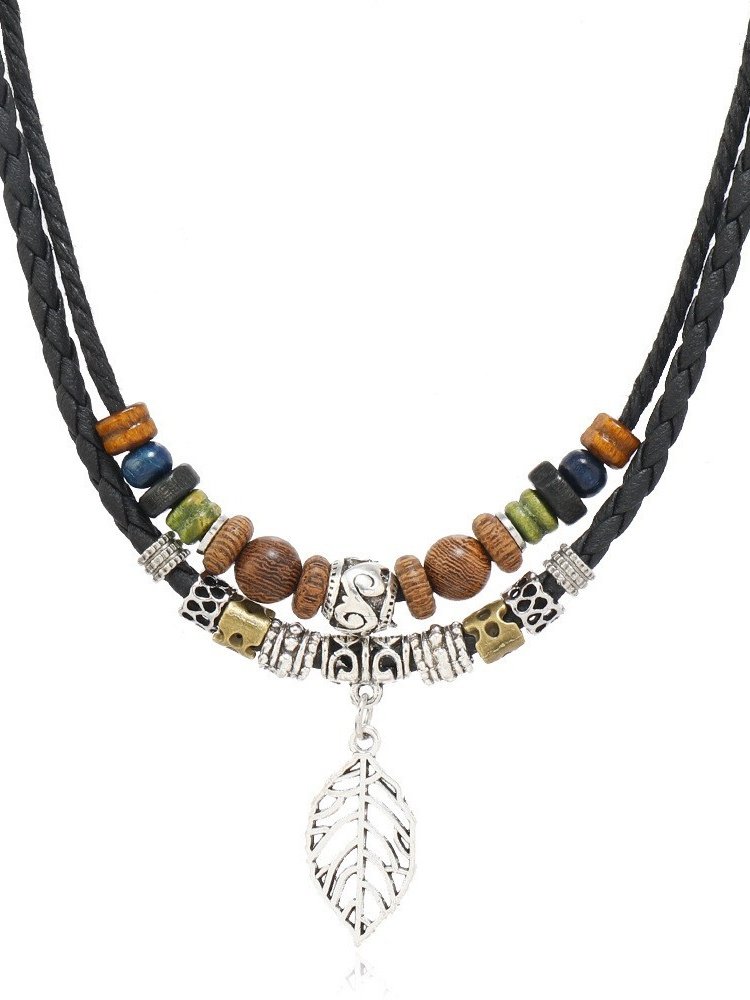 Artistic Retro Butterfly Alloy Multi-layer Wooden Beads Knotted Pullable Hand-woven Necklace