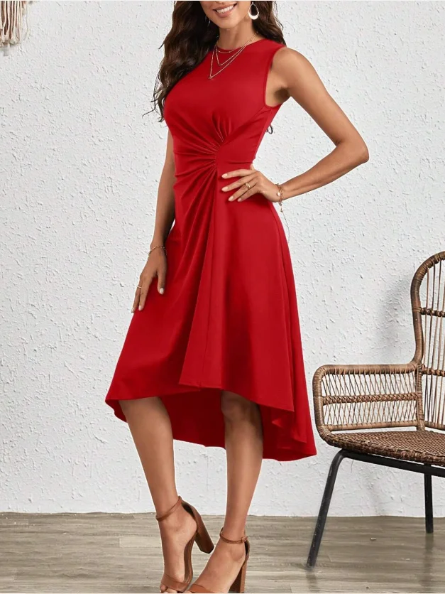Women's Sleeveless Summer Red Plain Split Joint Crew Neck Daily Going Out Vintage Midi A-Line Tank Dress
