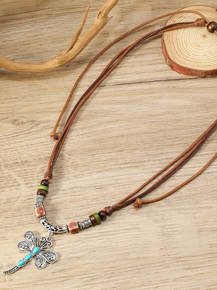 Artistic Retro Butterfly Alloy Multi-layer Wooden Beads Knotted Pullable Hand-woven Necklace