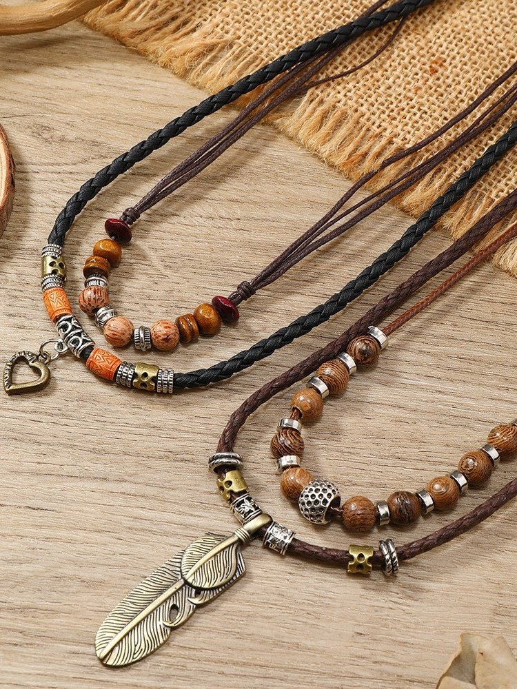 Artistic Retro Butterfly Alloy Multi-layer Wooden Beads Knotted Pullable Hand-woven Necklace