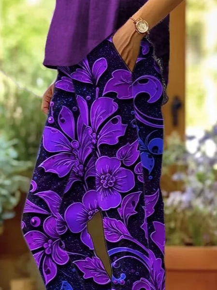 Women's  H-Line Baggy Pants Daily Going Out Pants Purple Casual Printing Floral Spring/Fall Pants